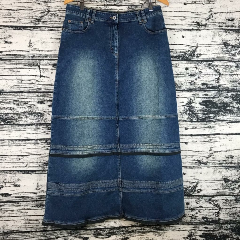 Tiered Ruffled Faded Denim Maxi Skirt 12